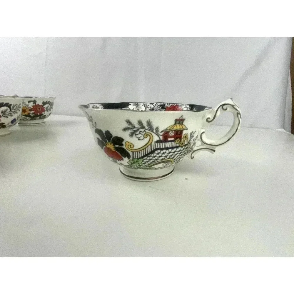 VTG Set of 7 Swansea Tea‎ Cups Floral Pattern Bone China Canton Gold Trim